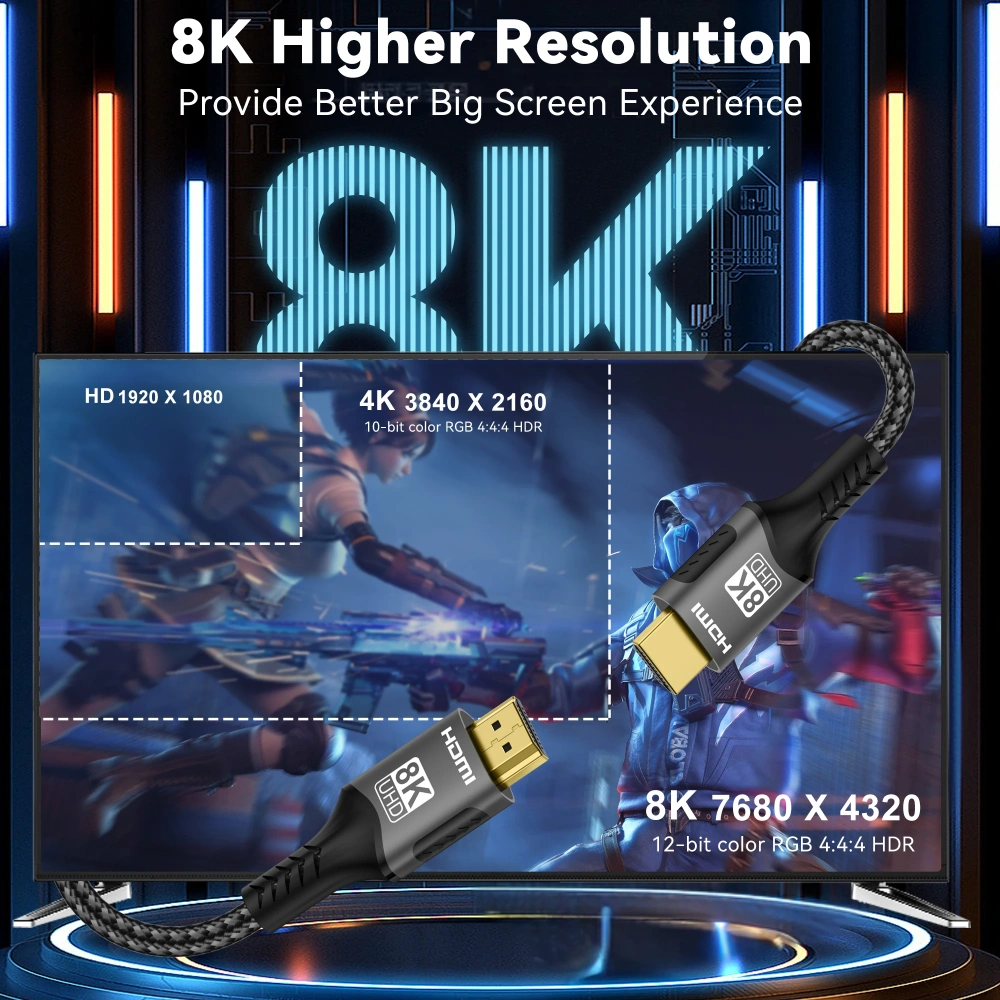 8K@60Hz 4K@120Hz HDMI 2.1 Cable 48Gbps Certified - HDR10 3D eARC VRR for PS5/PC/HDTV/Projector, Ultra High Speed Cord