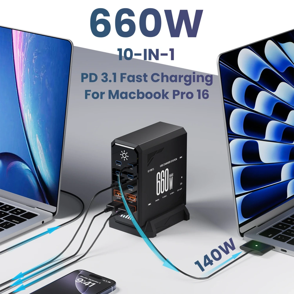 660W GaN USB C Charger Station 10 Port Fast Charger Type C PD3.1 PD3.0 PPS Quick Charger For Macbook Pro iPad iPhone 16 Samsung