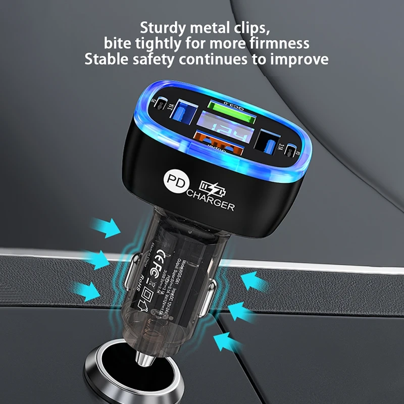 UYUXIO USB C Car Phone Charger 6 in 1 with Voltage Display Super Fast Charge Adapter for Samsung iPhone 16 15 Pro Max Oneplus