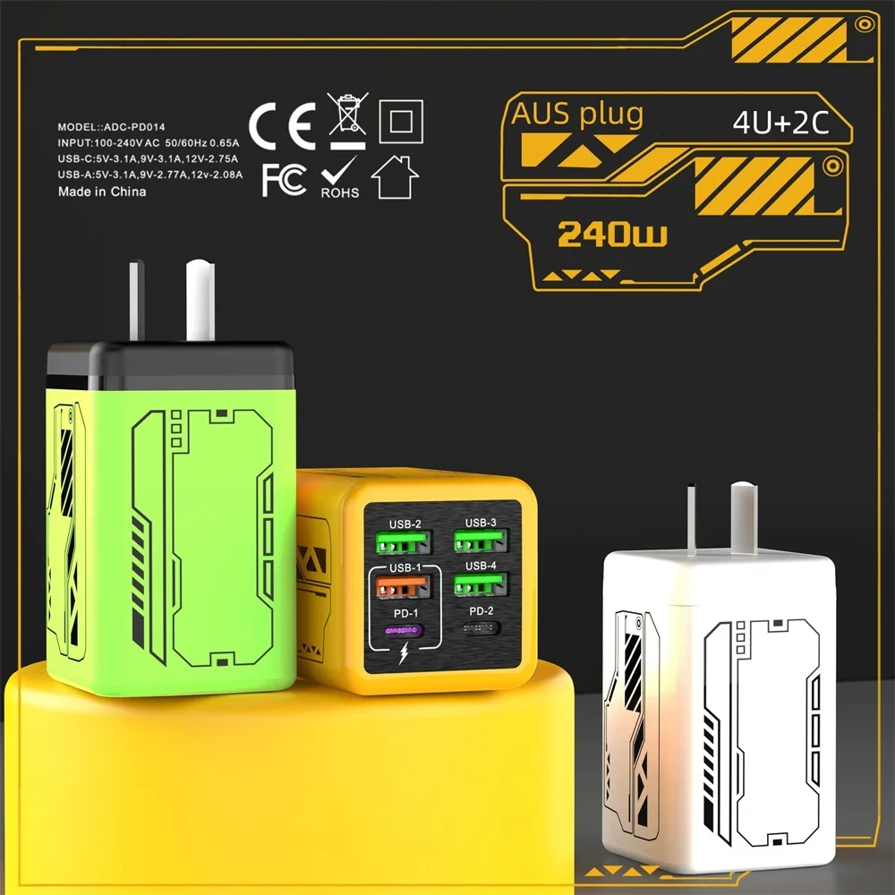 240W USB Charger 6 Ports Type C Super Fast Charging Mobile Phone Charge Adapter USB PD3.0 EU/UK/US Plug For iPhone 17 16 Samsung