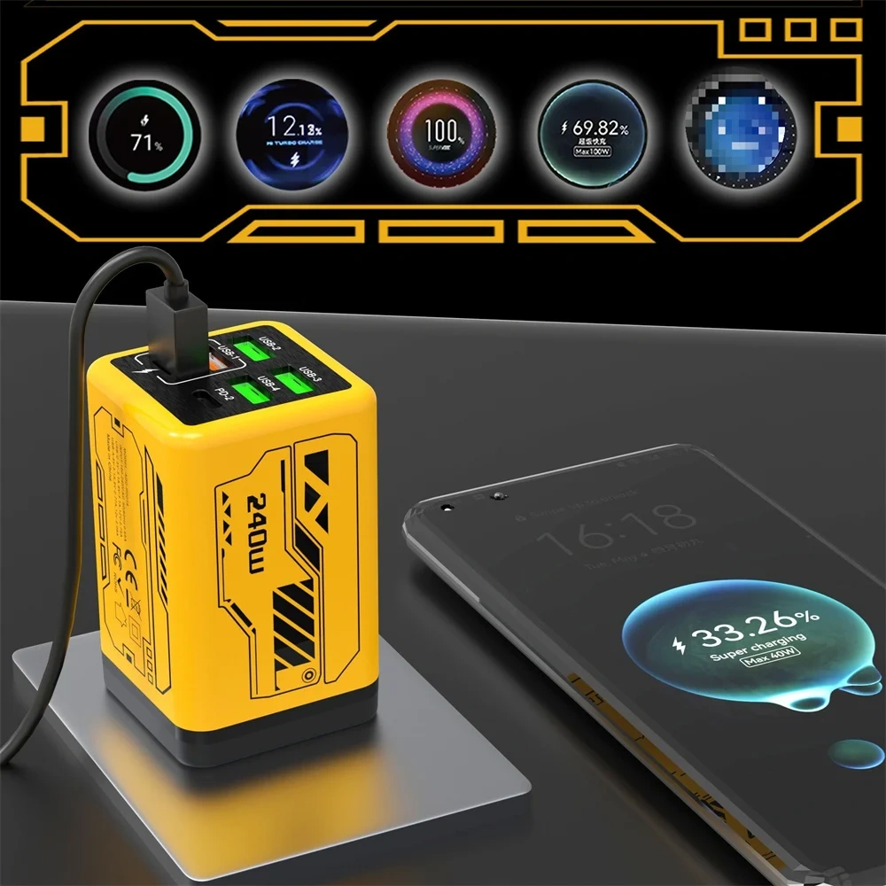 240W USB Charger 6 Ports Type C Super Fast Charging Mobile Phone Charge Adapter USB PD3.0 EU/UK/US Plug For iPhone 17 16 Samsung