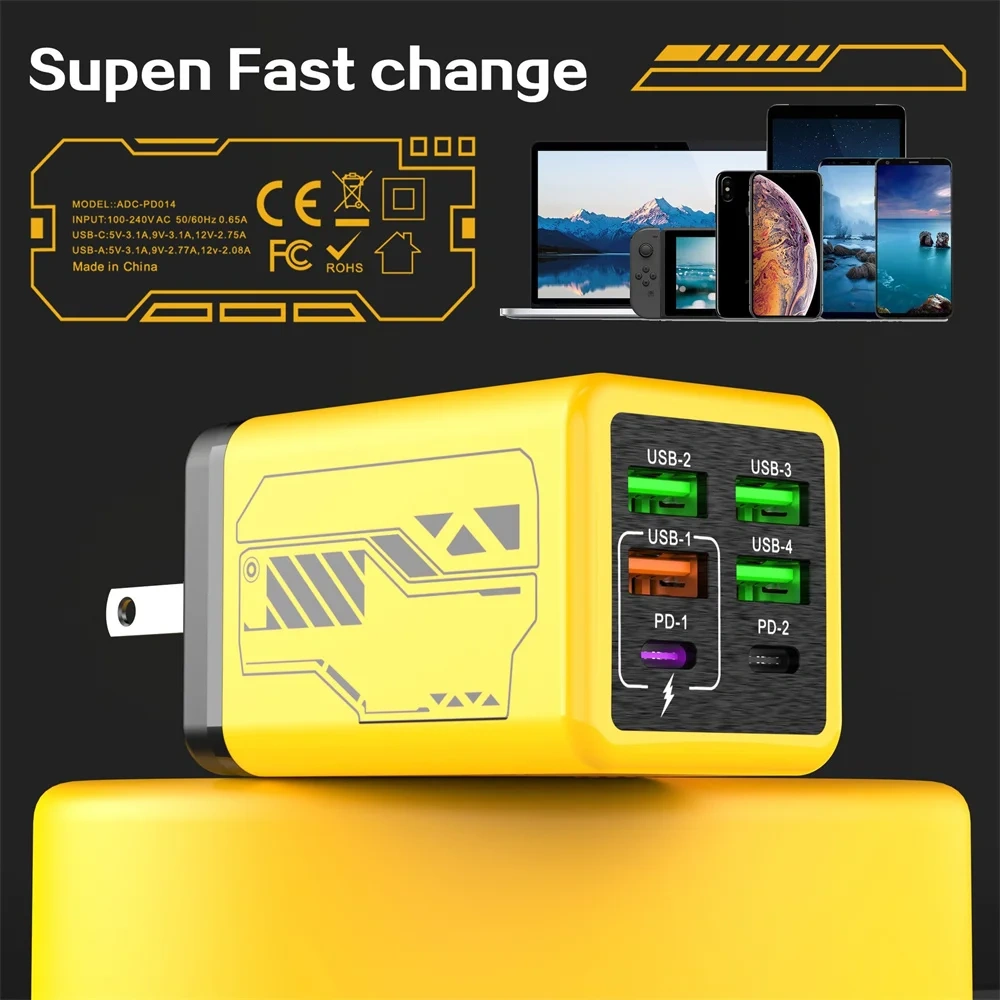 240W USB Charger 6 Ports Type C Super Fast Charging Mobile Phone Charge Adapter USB PD3.0 EU/UK/US Plug For iPhone 17 16 Samsung