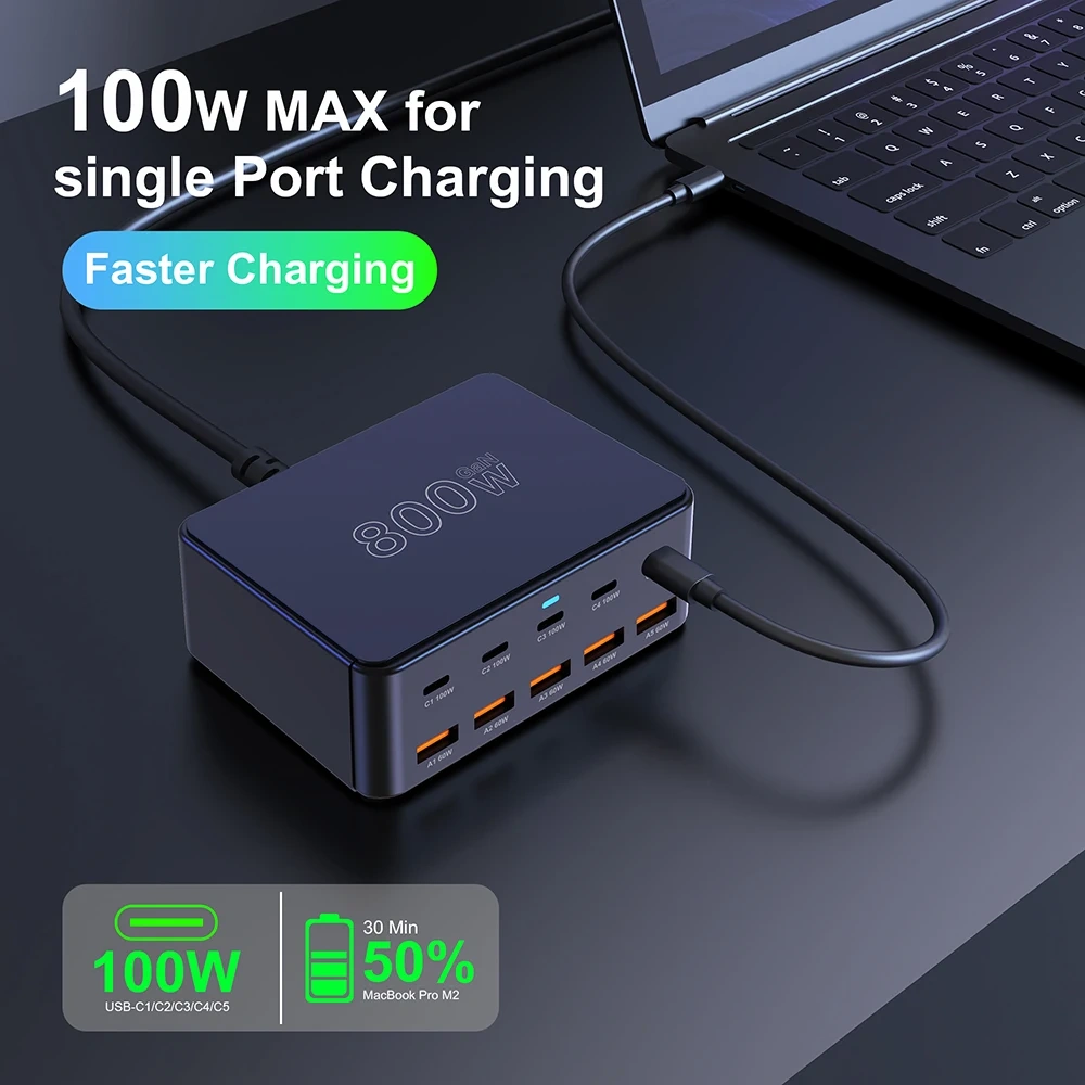 800W USB C GaN Charger 100W PD3.0 PPS QC3.0 Multiport Fast Charging Station for iPhone 15 16 Samsung Macbook Pro Laptops Tablets