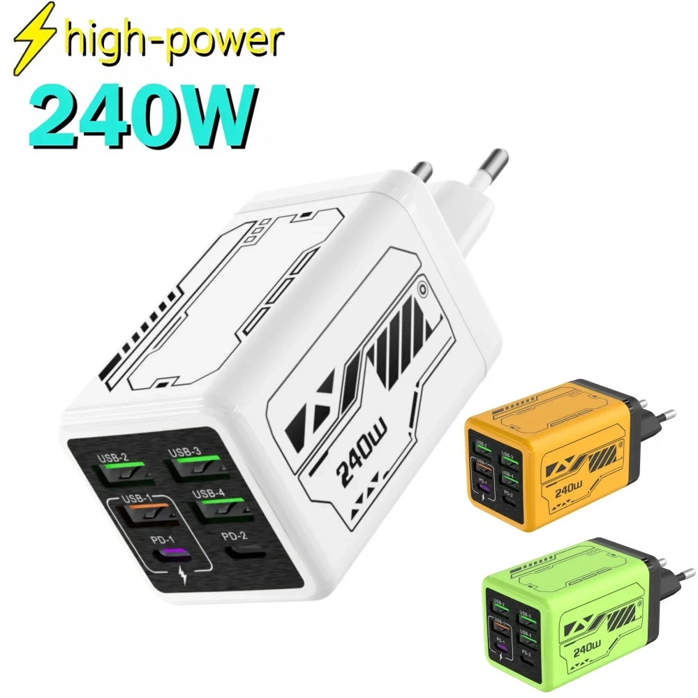 240W USB Charger 6 Ports Type C Super Fast Charging Mobile Phone Charge Adapter USB PD3.0 EU/UK/US Plug For iPhone 17 16 Samsung