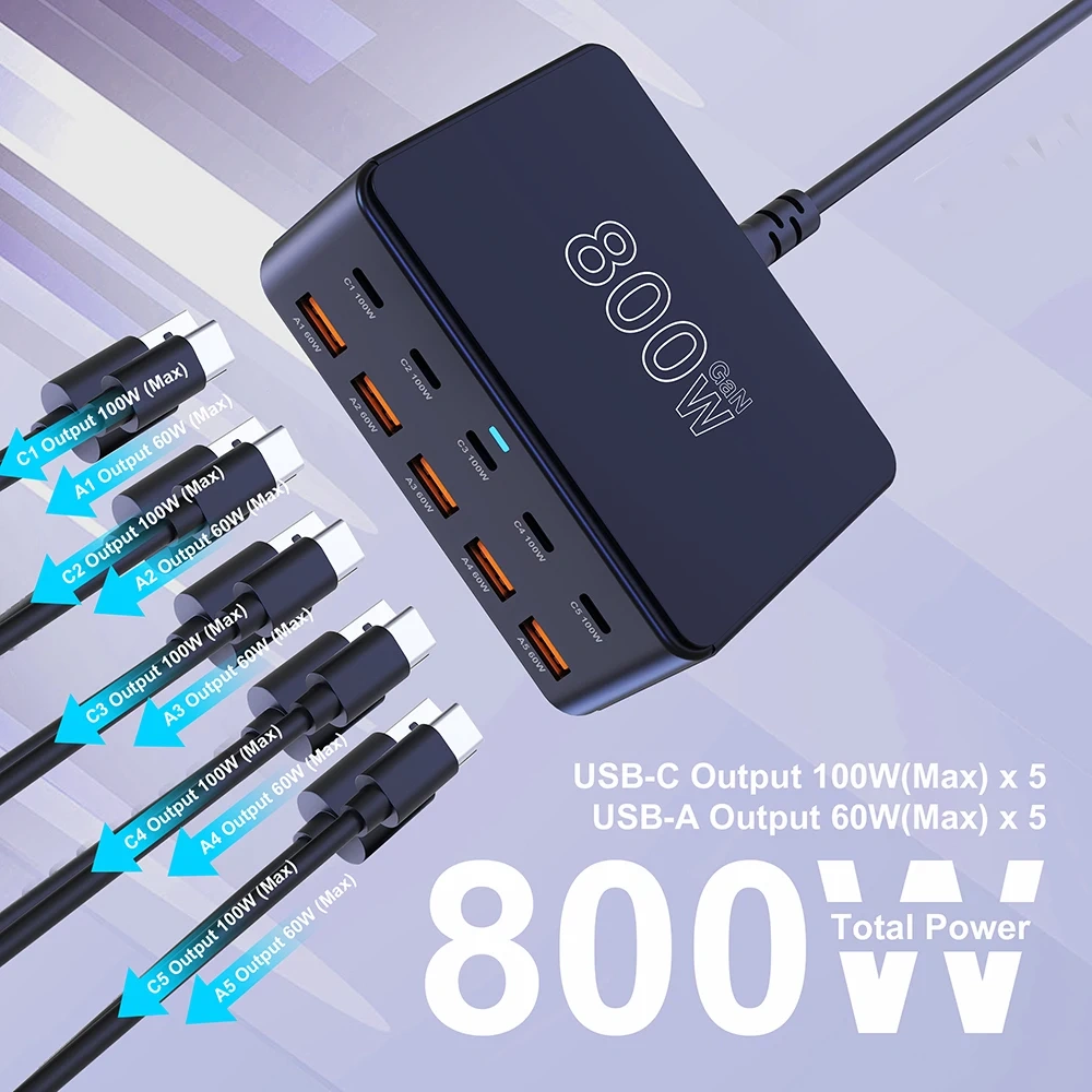 800W USB C GaN Charger 100W PD3.0 PPS QC3.0 Multiport Fast Charging Station for iPhone 15 16 Samsung Macbook Pro Laptops Tablets