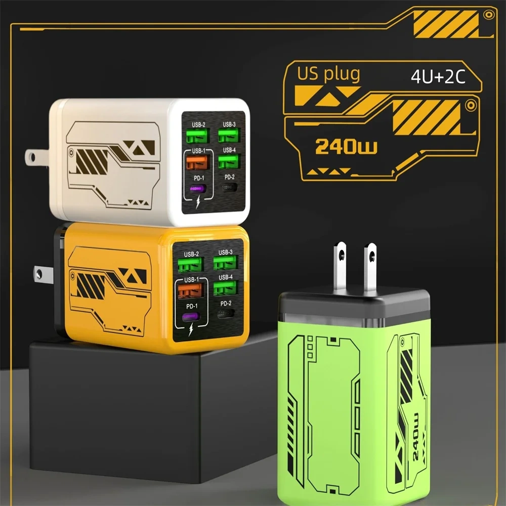 240W USB Charger 6 Ports Type C Super Fast Charging Mobile Phone Charge Adapter USB PD3.0 EU/UK/US Plug For iPhone 17 16 Samsung