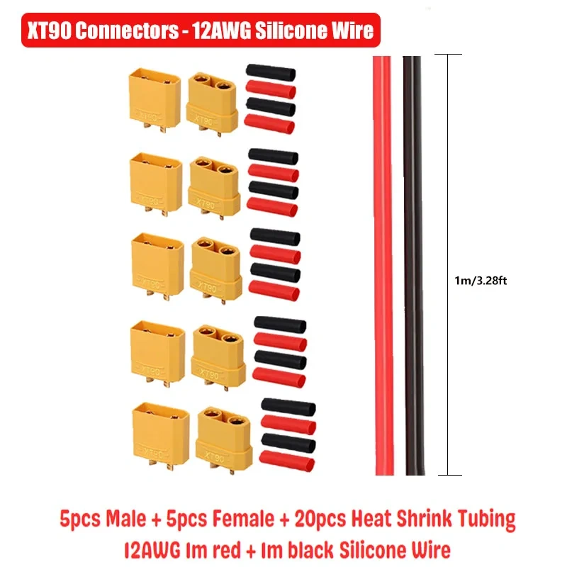 5 Pairs XT30 XT60 XT90 Connectors Male and Female with 2m 14AWG 12AWG 10AWG Silicone Cable + Shrink Tubing Kit for DIY RC Drones