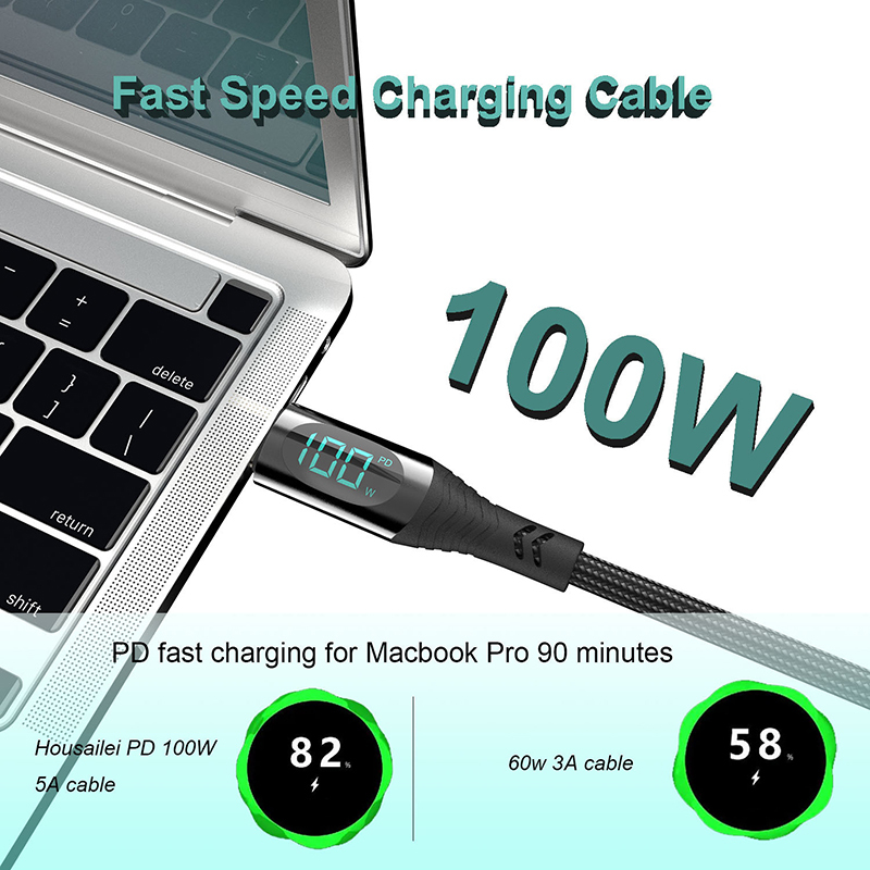 PD 100W 66W Nylon Braided USB-Type C LED Display Charger Data Cable 5A Fast Charging PVC Jacket USB C Phone Fast Charging Cable