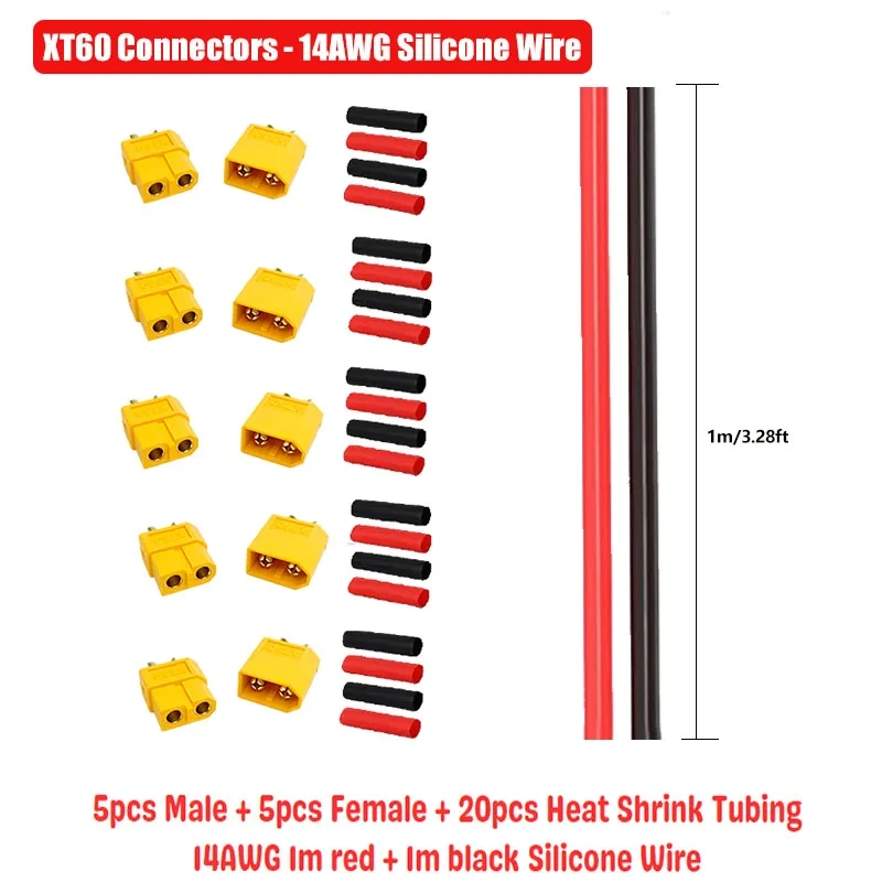 5 Pairs XT30 XT60 XT90 Connectors Male and Female with 2m 14AWG 12AWG 10AWG Silicone Cable + Shrink Tubing Kit for DIY RC Drones
