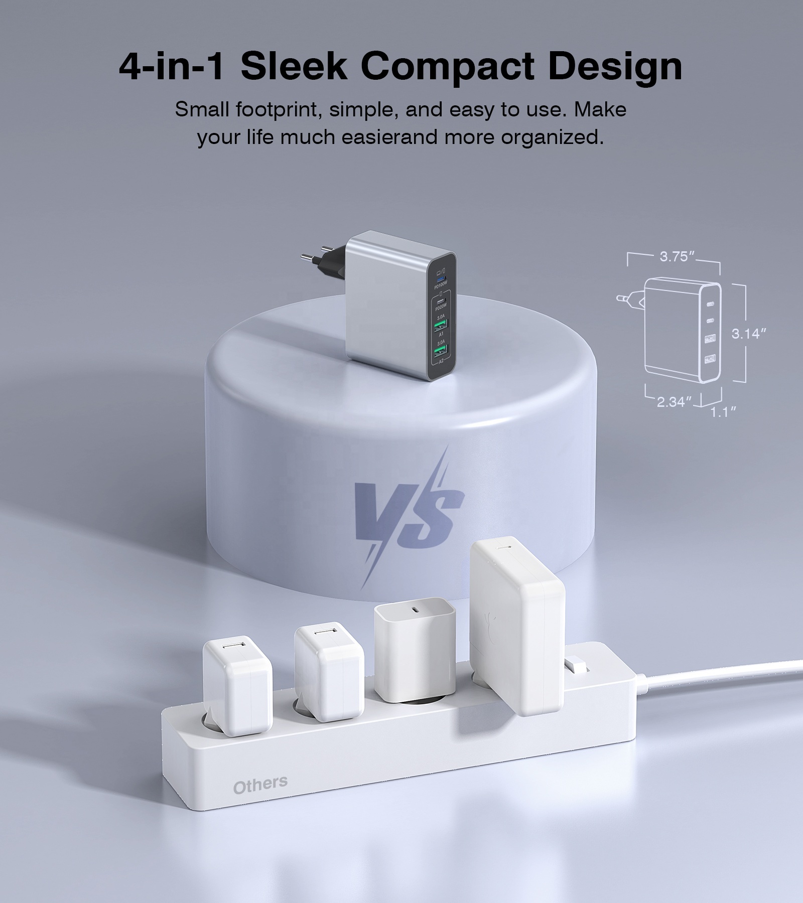 HNT GaN 120W Charger Head Type c EU Fast Charge 4 Port Grey USB Wall Charger Adapter Mobile Phone Laptop Charger with 100W Cable