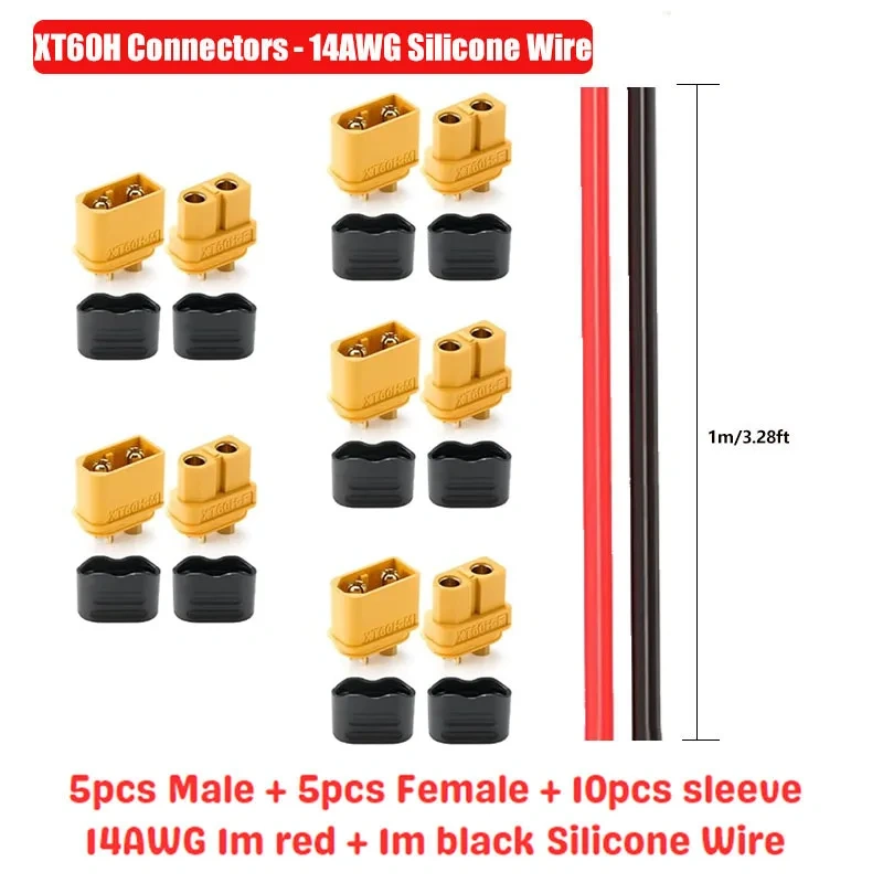 5 Pairs XT30 XT60 XT90 Connectors Male and Female with 2m 14AWG 12AWG 10AWG Silicone Cable + Shrink Tubing Kit for DIY RC Drones