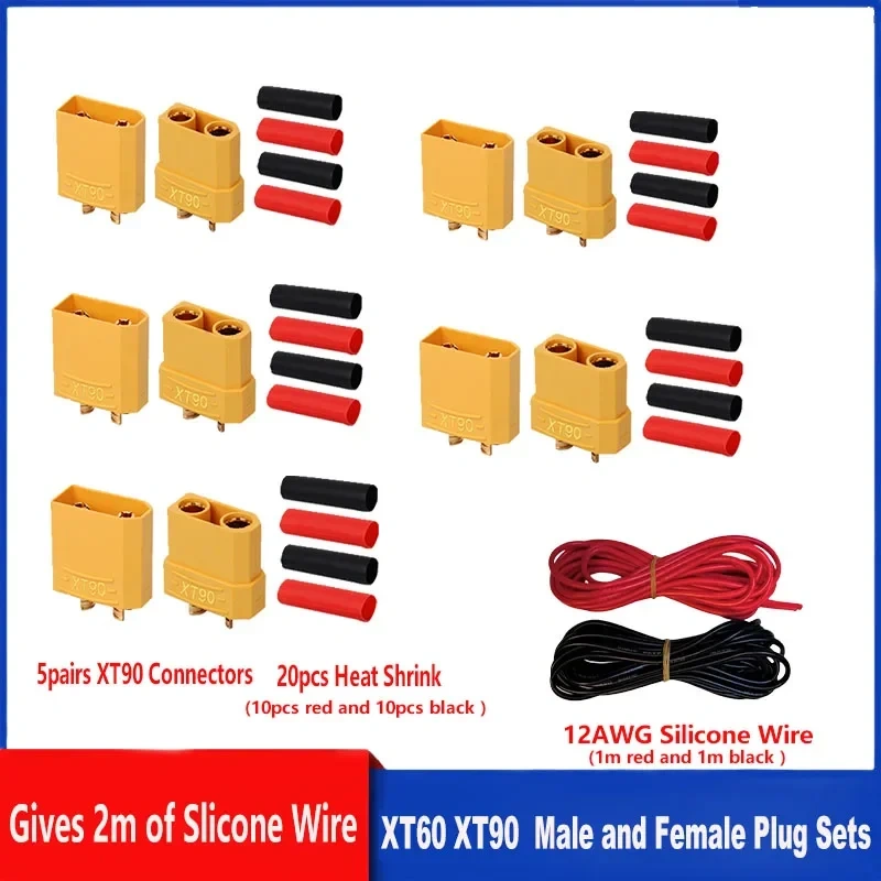 5 Pairs XT30 XT60 XT90 Connectors Male and Female with 2m 14AWG 12AWG 10AWG Silicone Cable + Shrink Tubing Kit for DIY RC Drones