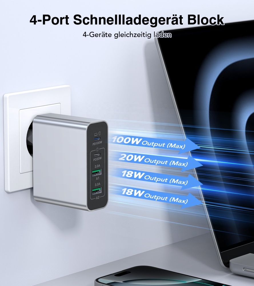 HNT GaN 120W Charger Head Type c EU Fast Charge 4 Port Grey USB Wall Charger Adapter Mobile Phone Laptop Charger with 100W Cable