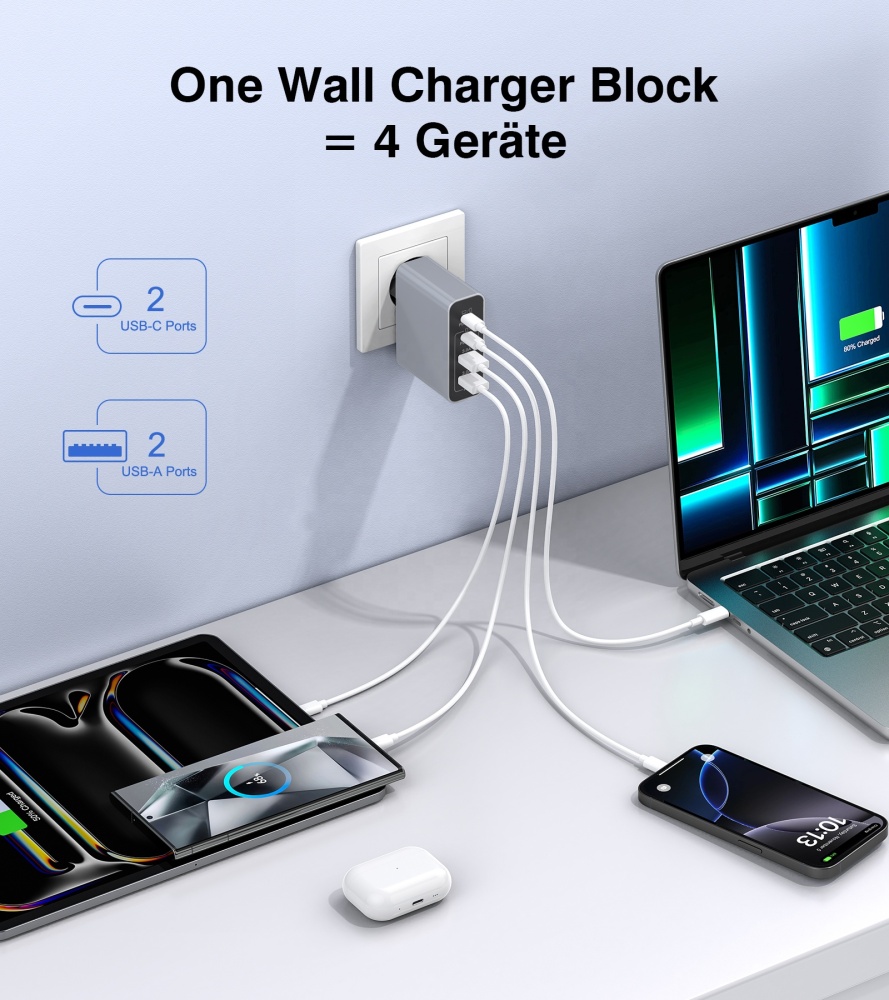 HNT GaN 120W Charger Head Type c EU Fast Charge 4 Port Grey USB Wall Charger Adapter Mobile Phone Laptop Charger with 100W Cable