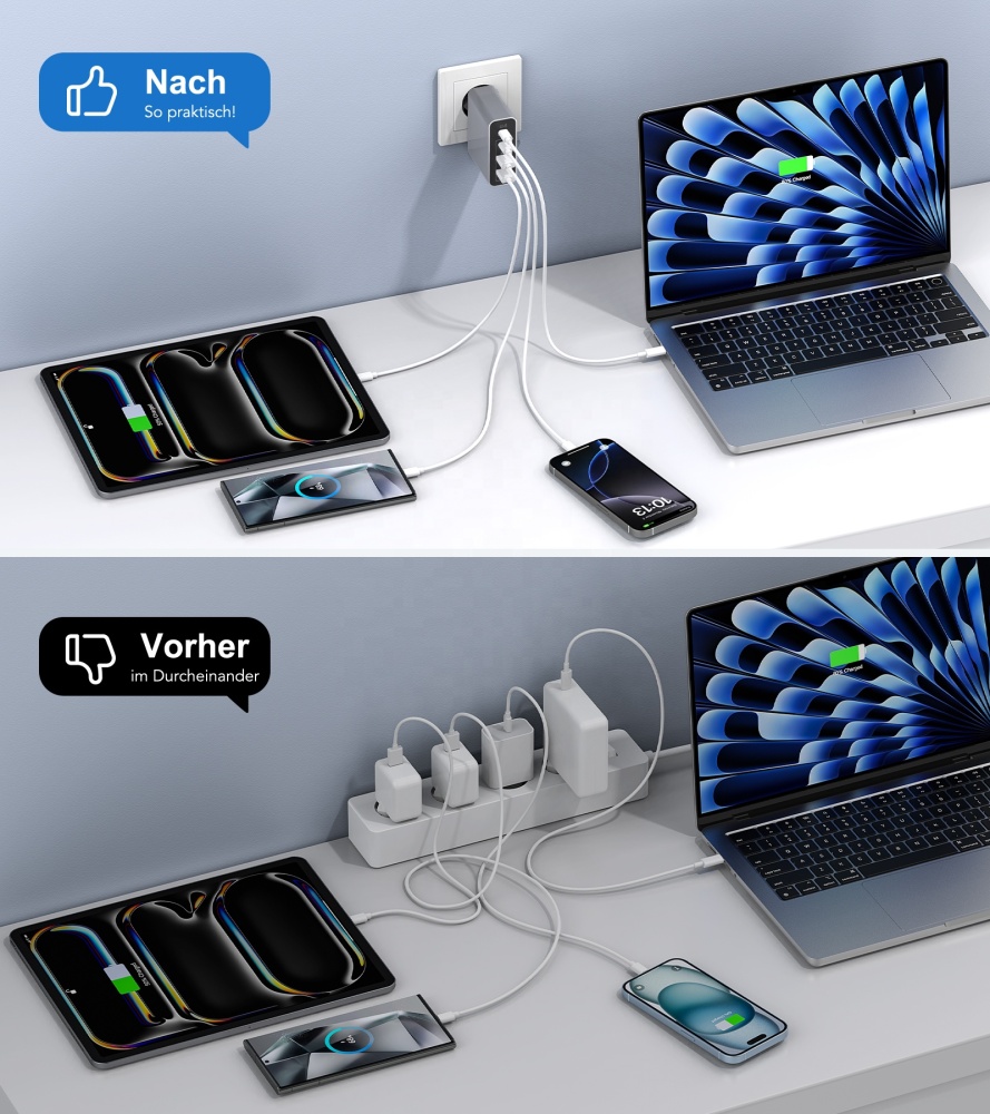 HNT GaN 120W Charger Head Type c EU Fast Charge 4 Port Grey USB Wall Charger Adapter Mobile Phone Laptop Charger with 100W Cable