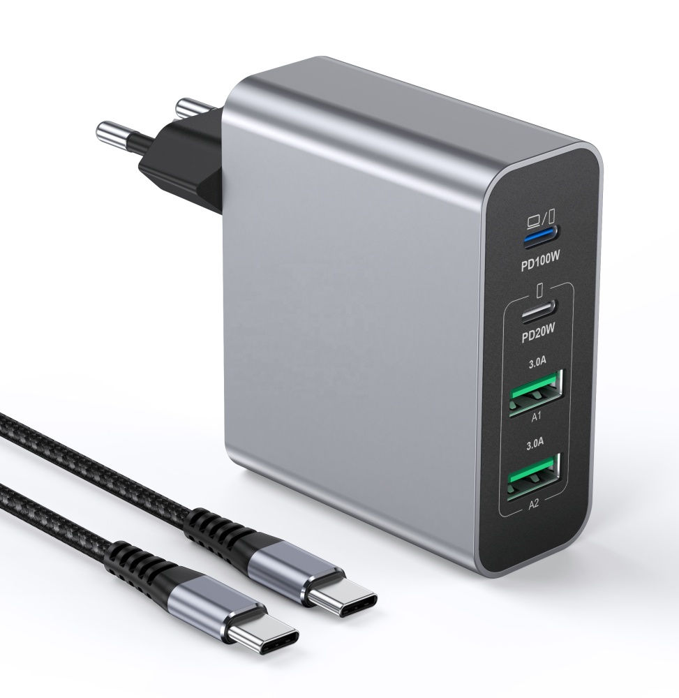 HNT GaN 120W Charger Head Type c EU Fast Charge 4 Port Grey USB Wall Charger Adapter Mobile Phone Laptop Charger with 100W Cable