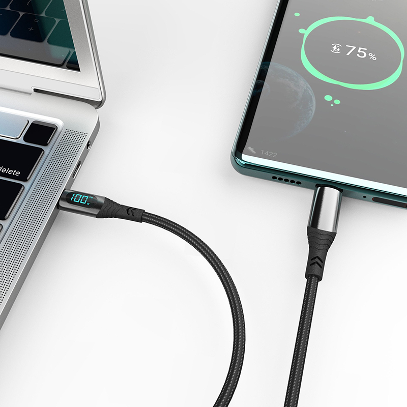 PD 100W 66W Nylon Braided USB-Type C LED Display Charger Data Cable 5A Fast Charging PVC Jacket USB C Phone Fast Charging Cable