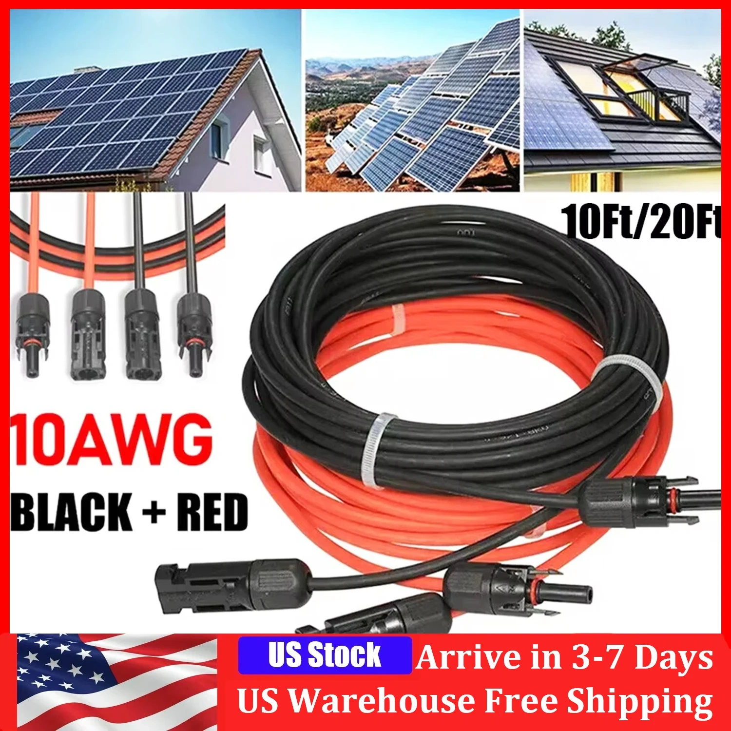 10FT/20FT 6mm 2 Silicone Solar Panel Extension Cable 10 AWG PV Flexible Waterproof Wire Connectors For Solar Panel System
