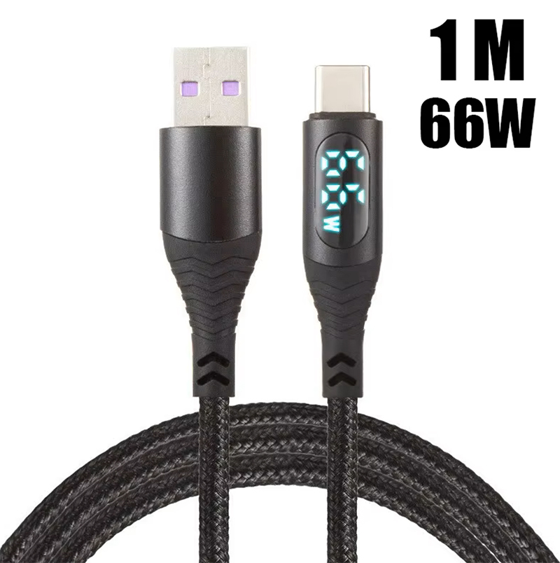 PD 100W 66W Nylon Braided USB-Type C LED Display Charger Data Cable 5A Fast Charging PVC Jacket USB C Phone Fast Charging Cable