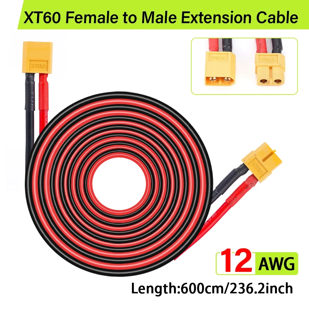 12AWG XT60 Connector Cable Silicone Tinned Copper Extension Lead 6M for RV Car & Energy Storage Battery Charging Wiring