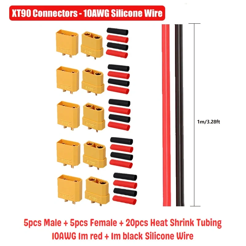 5 Pairs XT30 XT60 XT90 Connectors Male and Female with 2m 14AWG 12AWG 10AWG Silicone Cable + Shrink Tubing Kit for DIY RC Drones