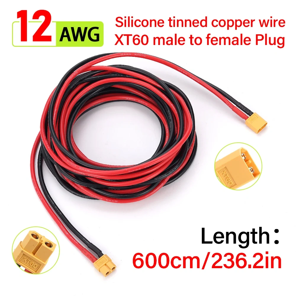 12AWG XT60 Connector Cable Silicone Tinned Copper Extension Lead 6M for RV Car & Energy Storage Battery Charging Wiring