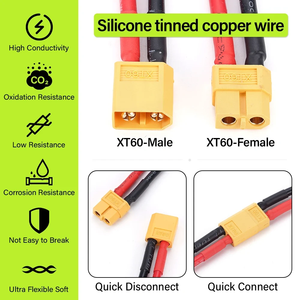 12AWG XT60 Connector Cable Silicone Tinned Copper Extension Lead 6M for RV Car & Energy Storage Battery Charging Wiring