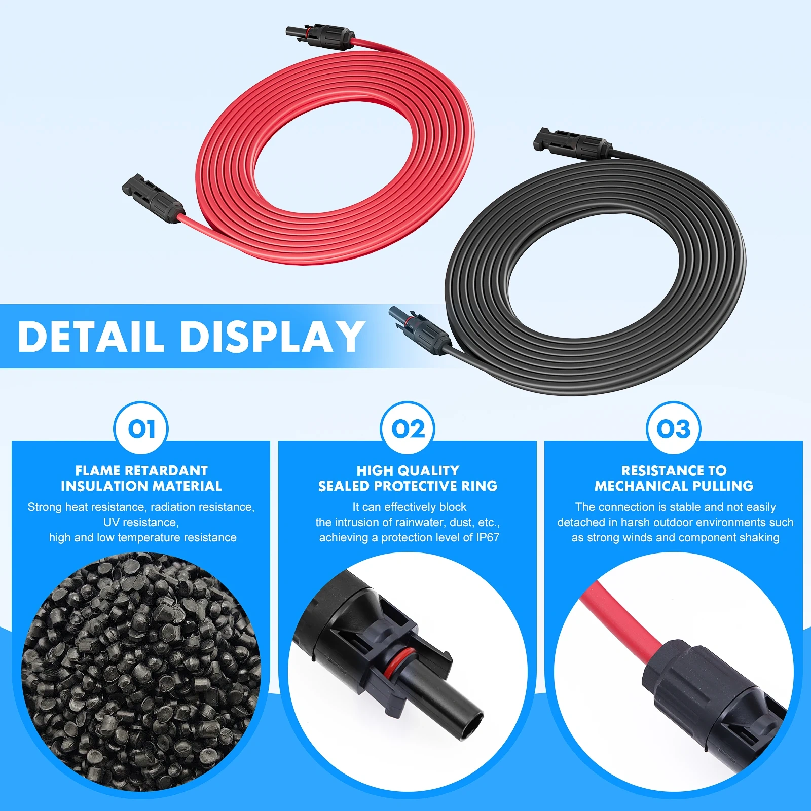 Solar Panel Cable Wire Extension PV Cable DC Rated 1-10 Meter 4mm²6mm² 1000V/1500V With Solar Connectors Plugs
