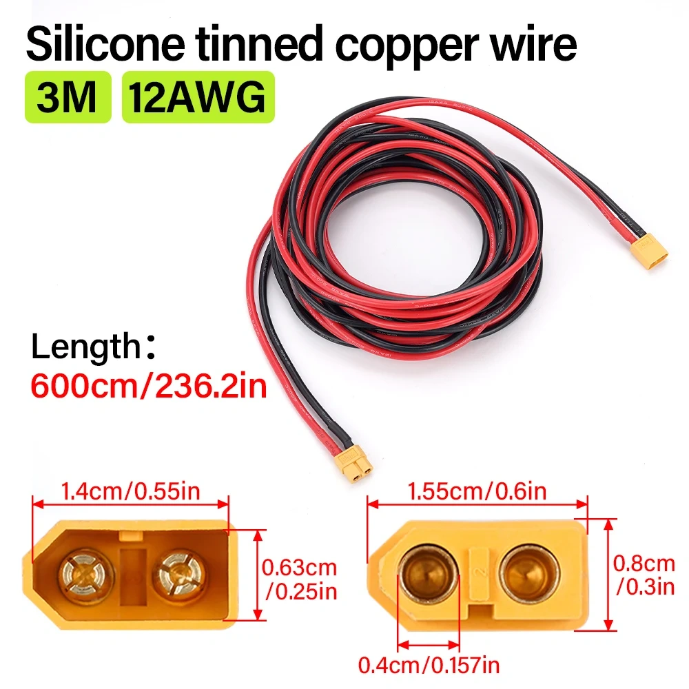 12AWG XT60 Connector Cable Silicone Tinned Copper Extension Lead 6M for RV Car & Energy Storage Battery Charging Wiring