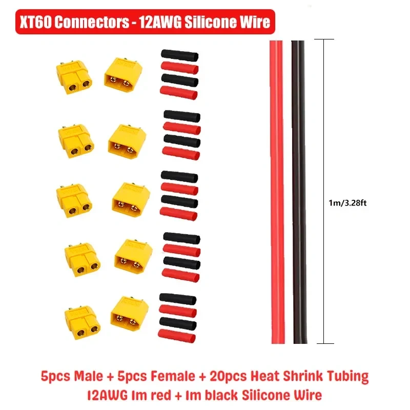 5 Pairs XT30 XT60 XT90 Connectors Male and Female with 2m 14AWG 12AWG 10AWG Silicone Cable + Shrink Tubing Kit for DIY RC Drones