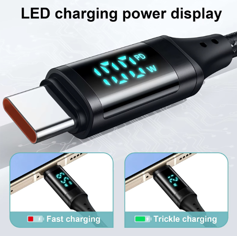 PD 100W 66W Nylon Braided USB-Type C LED Display Charger Data Cable 5A Fast Charging PVC Jacket USB C Phone Fast Charging Cable