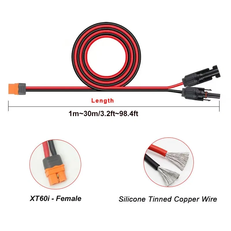 XT60i Female to Solar Cable 12AWG 3.4mm²  Silicone Cable XT60H-F Connector Solar Panel Extension Charging Cable