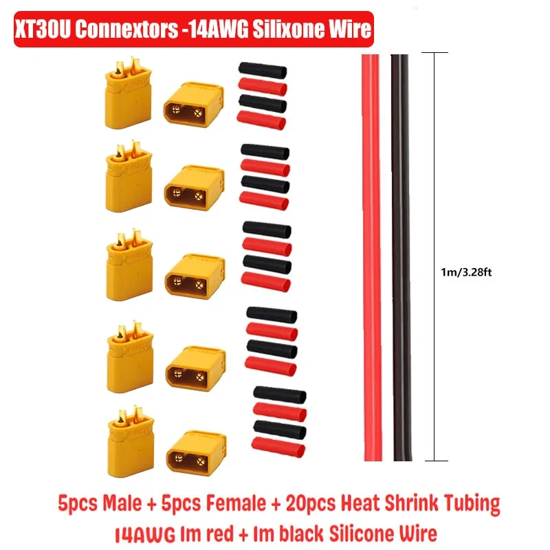 5 Pairs XT30 XT60 XT90 Connectors Male and Female with 2m 14AWG 12AWG 10AWG Silicone Cable + Shrink Tubing Kit for DIY RC Drones