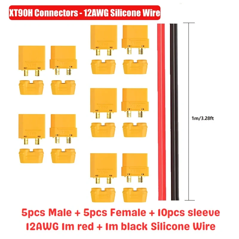 5 Pairs XT30 XT60 XT90 Connectors Male and Female with 2m 14AWG 12AWG 10AWG Silicone Cable + Shrink Tubing Kit for DIY RC Drones