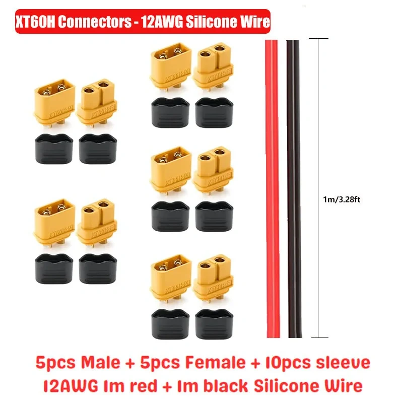 5 Pairs XT30 XT60 XT90 Connectors Male and Female with 2m 14AWG 12AWG 10AWG Silicone Cable + Shrink Tubing Kit for DIY RC Drones