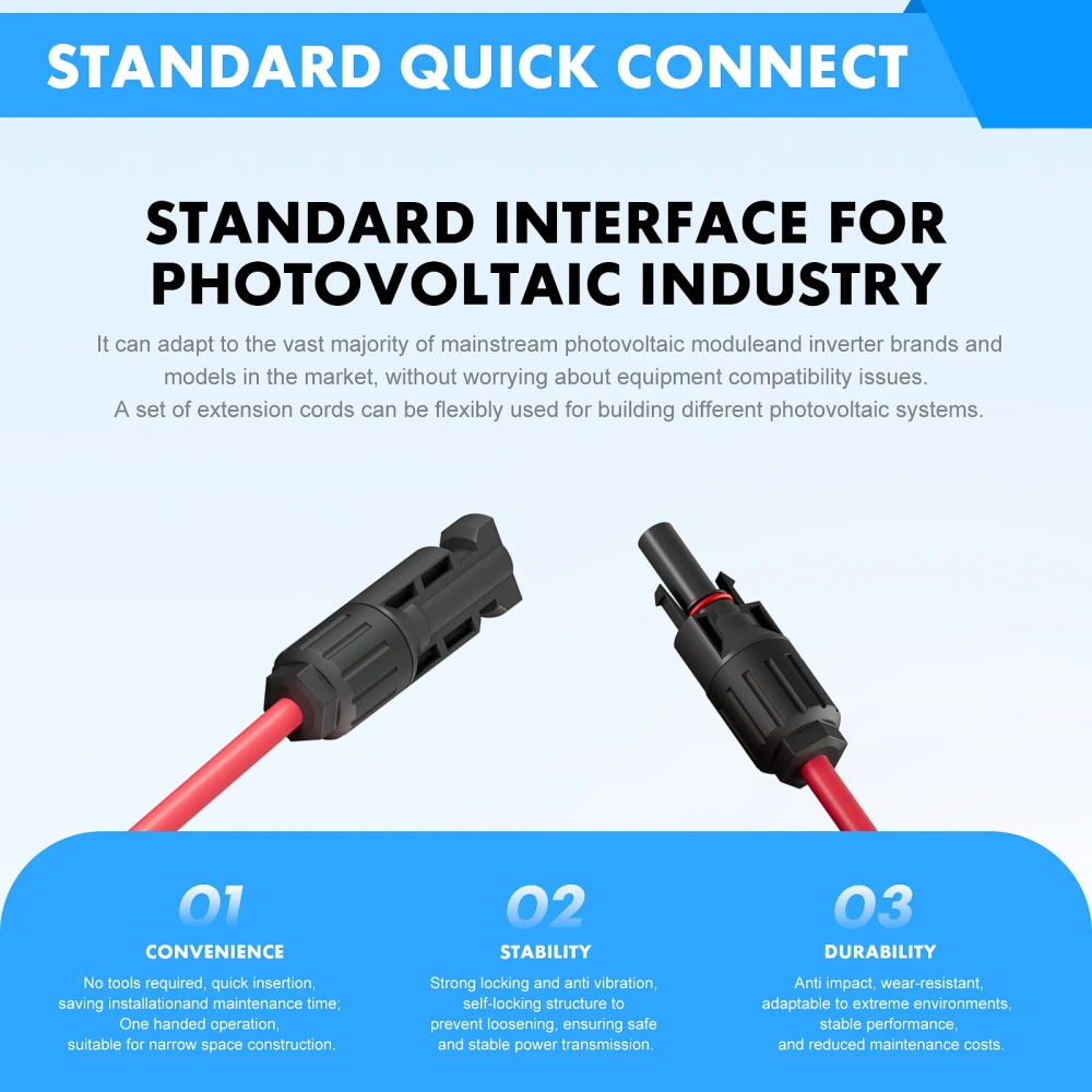Solar Panel Cable Wire Extension PV Cable DC Rated 1-10 Meter 4mm²6mm² 1000V/1500V With Solar Connectors Plugs