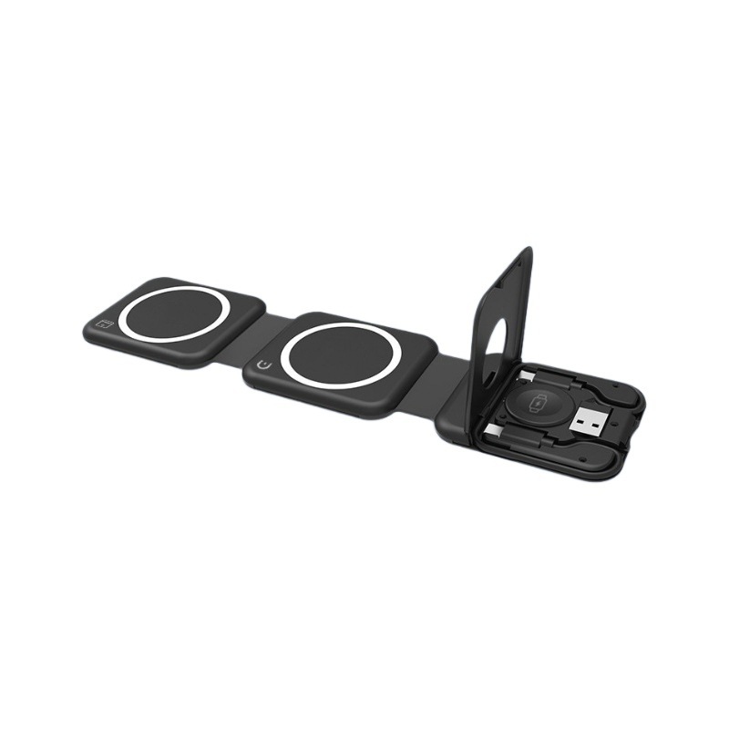 3-in-1 Foldable Magnetic Wireless Charging Station - Versatile Travel Charger Stand for iPhone, Apple Watch & AirPods with Built-in Cable & Detachable Adapters