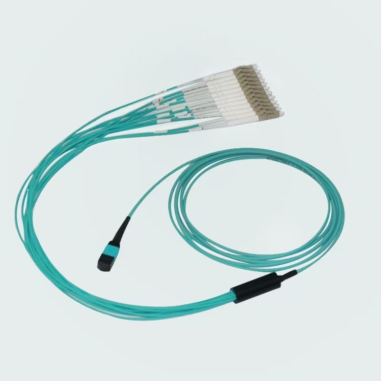 12-Core MPO to LC Fan-out Fiber Patch Cord | OM3 / OM4 Aqua Multimode Breakout Cable for 40G/100G QSFP Data Centers