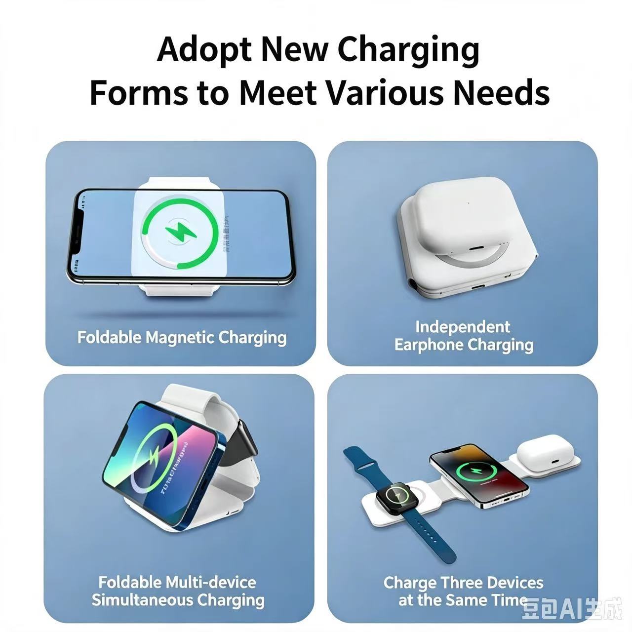 3-in-1 Foldable Magnetic Wireless Charging Station - Versatile Travel Charger Stand for iPhone, Apple Watch & AirPods with Built-in Cable & Detachable Adapters
