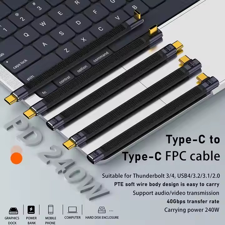 USB4 Extension Cable Type-C USB-C Male to Female Slim Flat 40Gbps 240W 8K Cable Short FPC 60Hz USB4.0