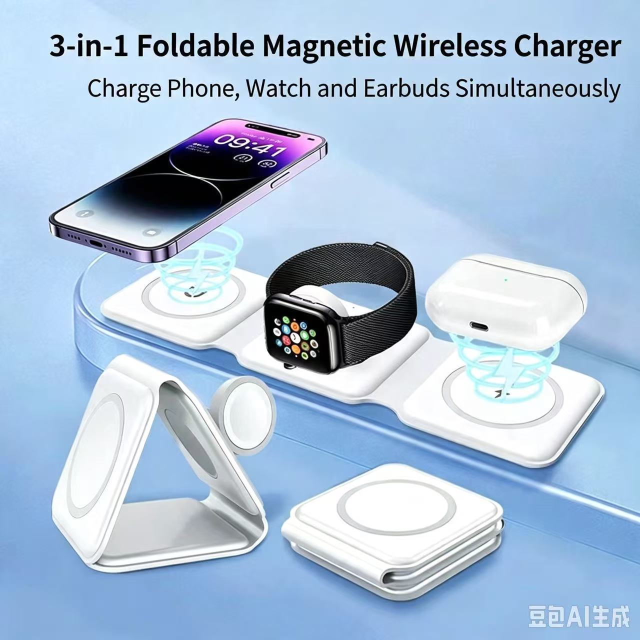 3-in-1 Foldable Magnetic Wireless Charging Station - Versatile Travel Charger Stand for iPhone, Apple Watch & AirPods with Built-in Cable & Detachable Adapters