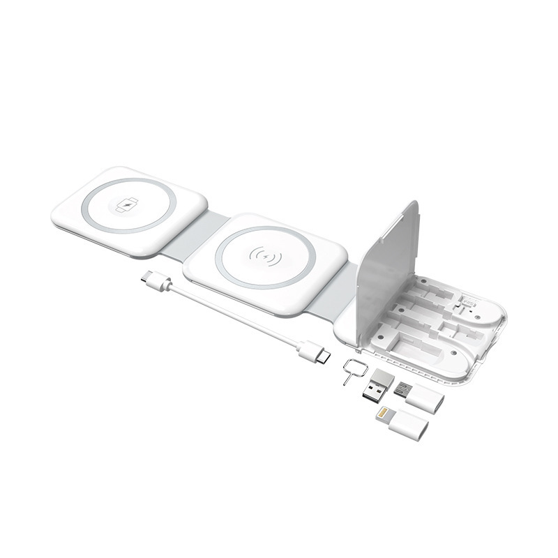 3-in-1 Foldable Magnetic Wireless Charging Station - Versatile Travel Charger Stand for iPhone, Apple Watch & AirPods with Built-in Cable & Detachable Adapters