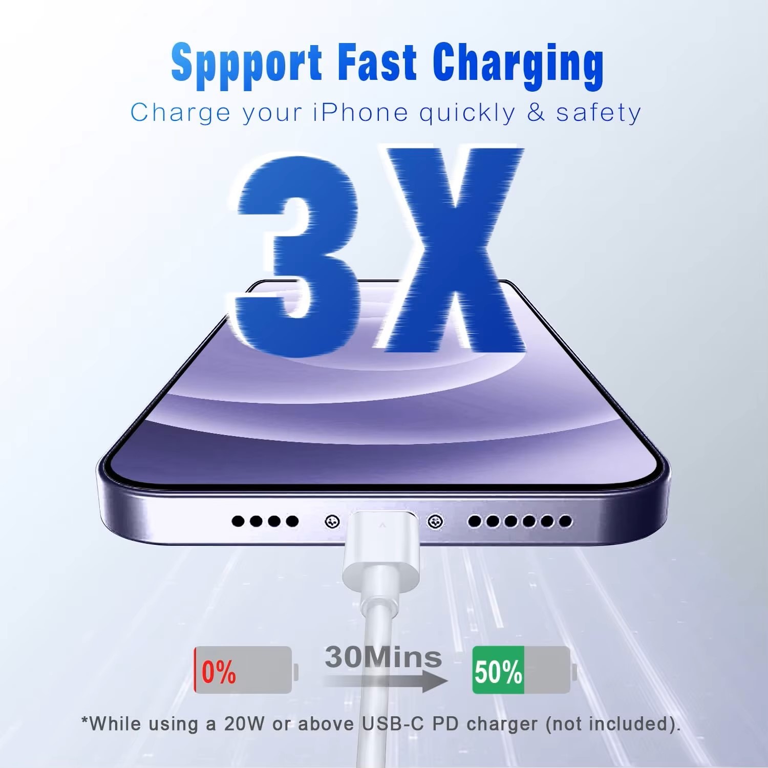USB-C to Lightning Fast Charging Cable - Reinforced TPE, Perfect Welding, Tangle-Free (White)