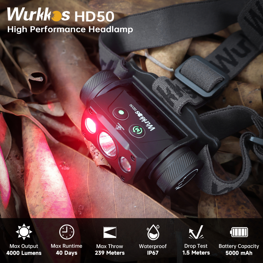Wurkkos HD50 Mocna, akumulatorowa latarka czołowa LED XHP50D o mocy 4000 lm z baterią 5000 mAh, wodoodporna IP67, światło punktowe, reflektor i światło czerwone; odpowiednia do patroli, wypraw, wędrówek pieszych i jazdy na rowerze.