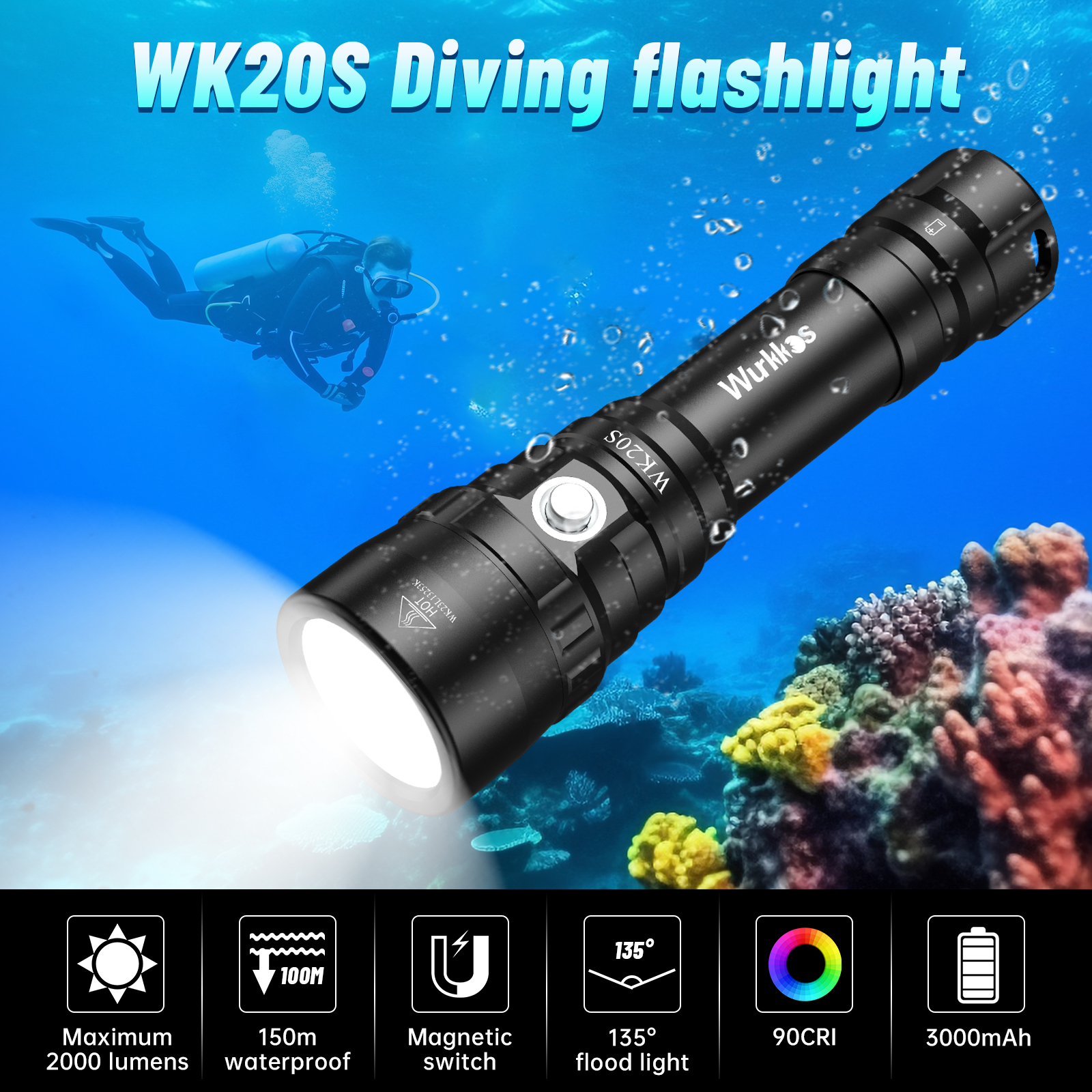 Latarka do nurkowania Wurkkos WK20S 2000LM, wodoodporna IPX8, dioda LED SST40 5000K z współczynnikiem oddawania barw 90CRI, odpowiednia do oświetlenia podwodnego, nurkowania i wędkowania.