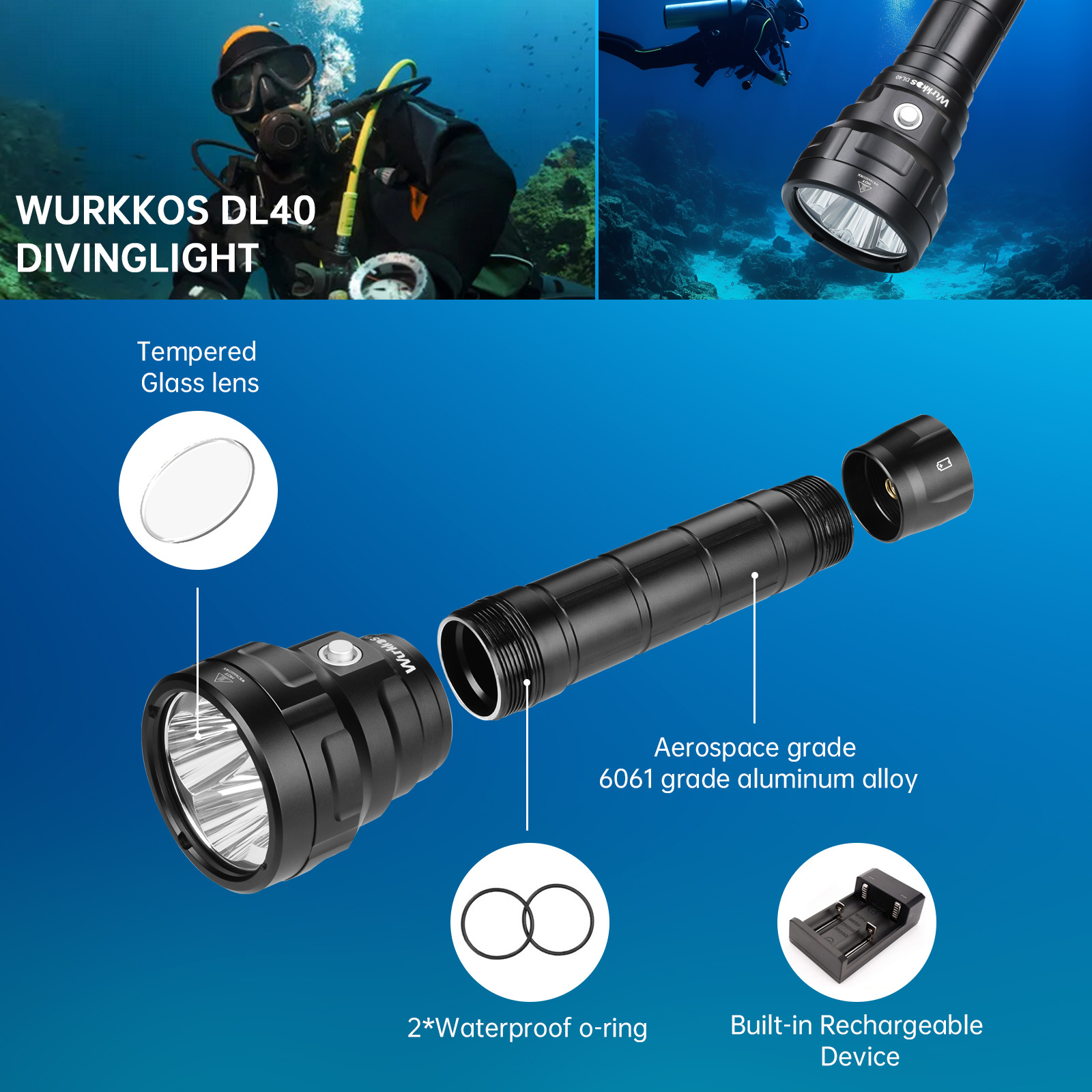 Latarka nurkowa Wurkkos DL40 Super Bright Diving o mocy 5000 lumenów, współczynniku CRI 90, wodoodporności IPX8, odpowiednia do nurkowania, eksploracji i oświetlenia jaskiń
