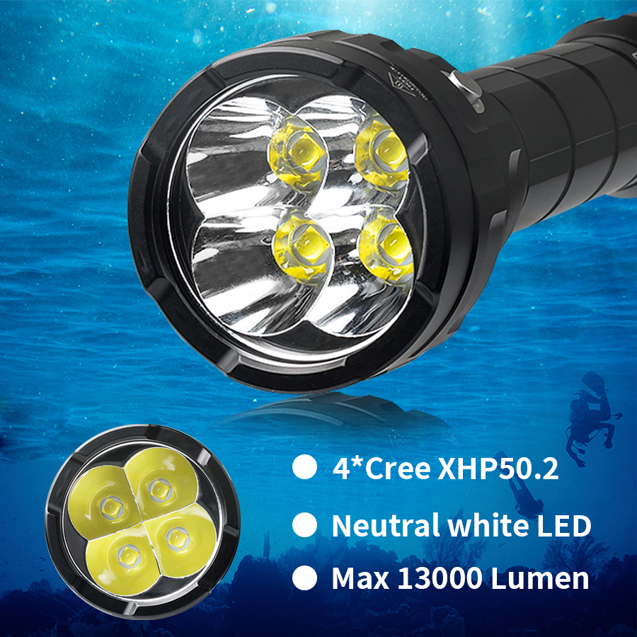 DL70 Ta latarka nurkowa o wysokiej jasności 13 000 lumenów jest wyposażona w 4 diody LED HP50B i 2 baterie 26650. To mocna latarka, idealna do wędkowania, nurkowania, pieszych wędrówek i patrolowania.