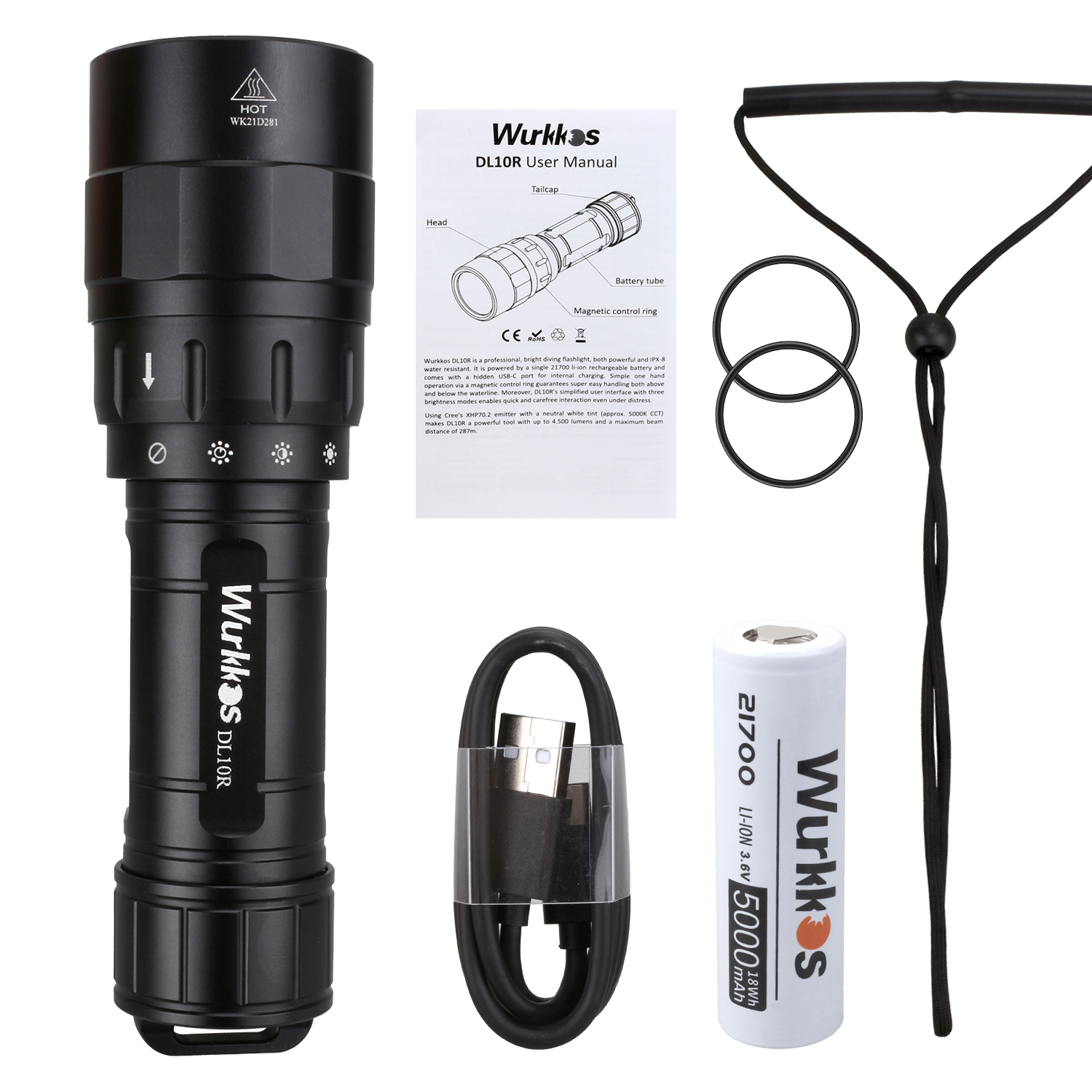 DL10R Mocna latarka nurkowa o mocy 4500 lumenów z diodą LED XHP70.2, zasięg do 287 metrów, możliwość ładowania przez USB-C, wodoodporność IPX8, idealna do podwodnego wędkowania i pieszych wędrówek.