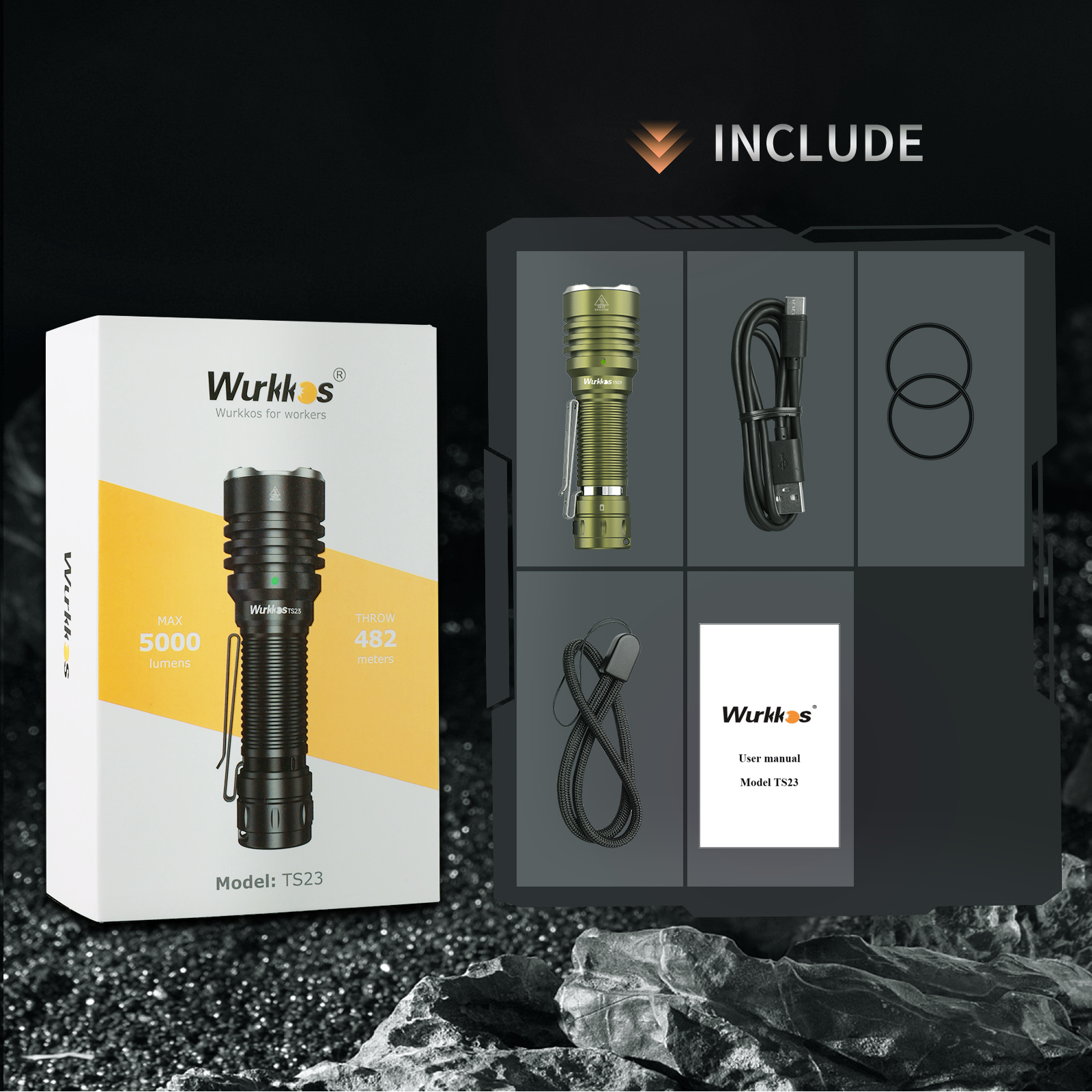 Wurkkos TS23 Mocna latarka taktyczna XHP70.3HI o mocy 5000 lm, jasna dioda LED z odwzorowaniem barw CRI90+, wodoodporność IP68, odpowiednia do wędrówek pieszych, wędkowania, patroli i zastosowań awaryjnych