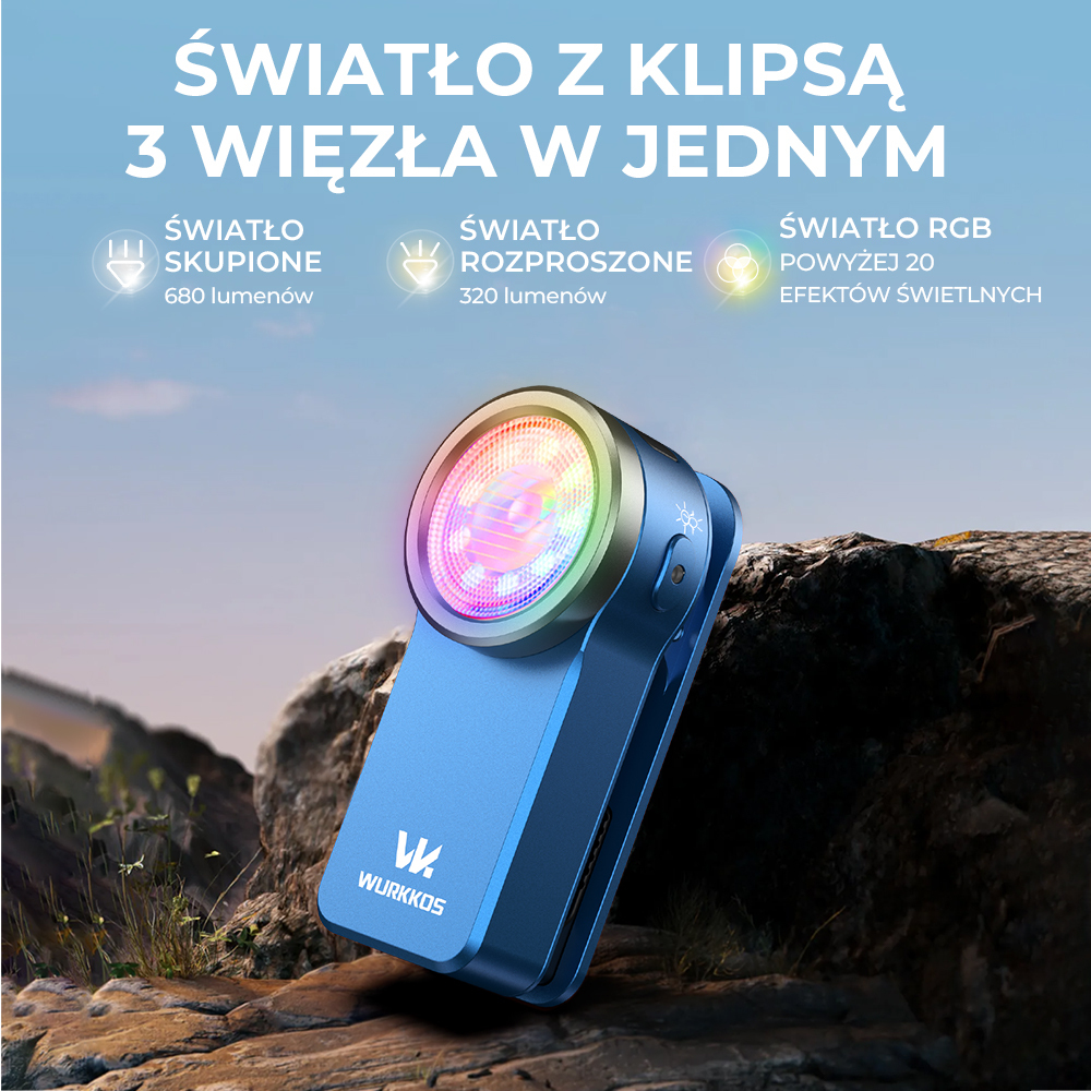 Wurkkos HD03 Miniaturowa latarka czołowa, akumulatorowa, z klipsem, 680 lm, 180 m, RGB